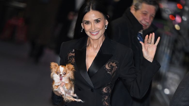 NEW YORK, NEW YORK - JANUARY 31: Demi Moore and dog, Pilaf arrive at 'The Late Show With Stephen Colbert' at the Ed Sullivan Theater on January 31, 2024 in New York City. (Photo by James Devaney/GC Images)