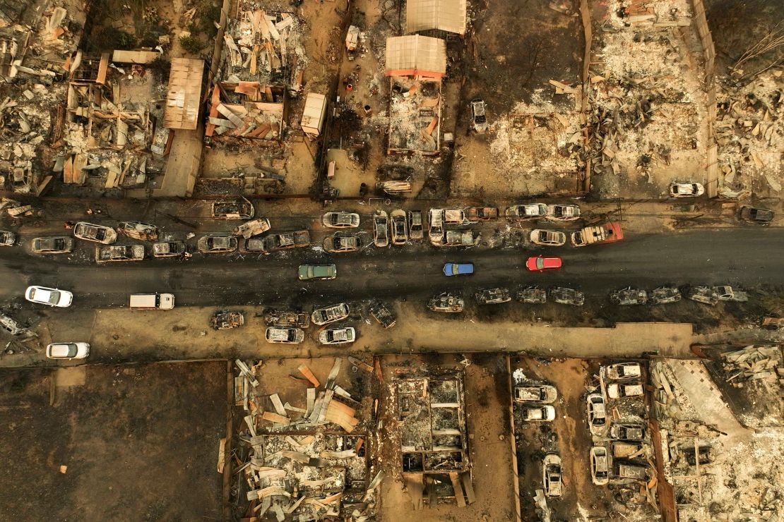 Aerial view of burned vehicles in the El Olivar commune.