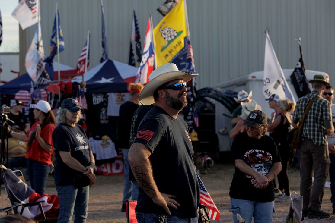 Attendees listen to a worship service at a "Take Our Border Back" rally on February 3, 2024, in Quemado, Texas.