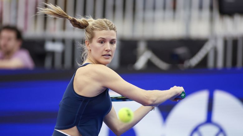 Eugenie Bouchard hits a backhand during the Dallas Open Women's Tennis Classic at Styslinger/Altec Tennis Complex in Dallas, Texas, on February 3, 2024.