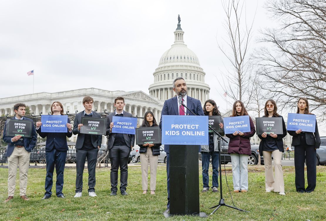 New Mexico Attorney General Raúl Torrez speaks during a rally organized by Accountable Tech and Design It For Us to hold tech and social media companies accountable for protecting teens on January 31, 2024 in Washington, DC.