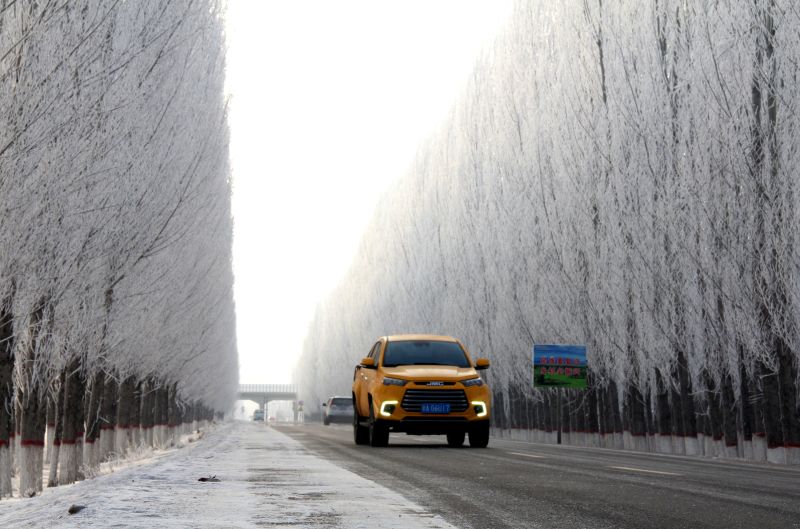 Frost lines the side of a road in China's far western Xinjiang region.