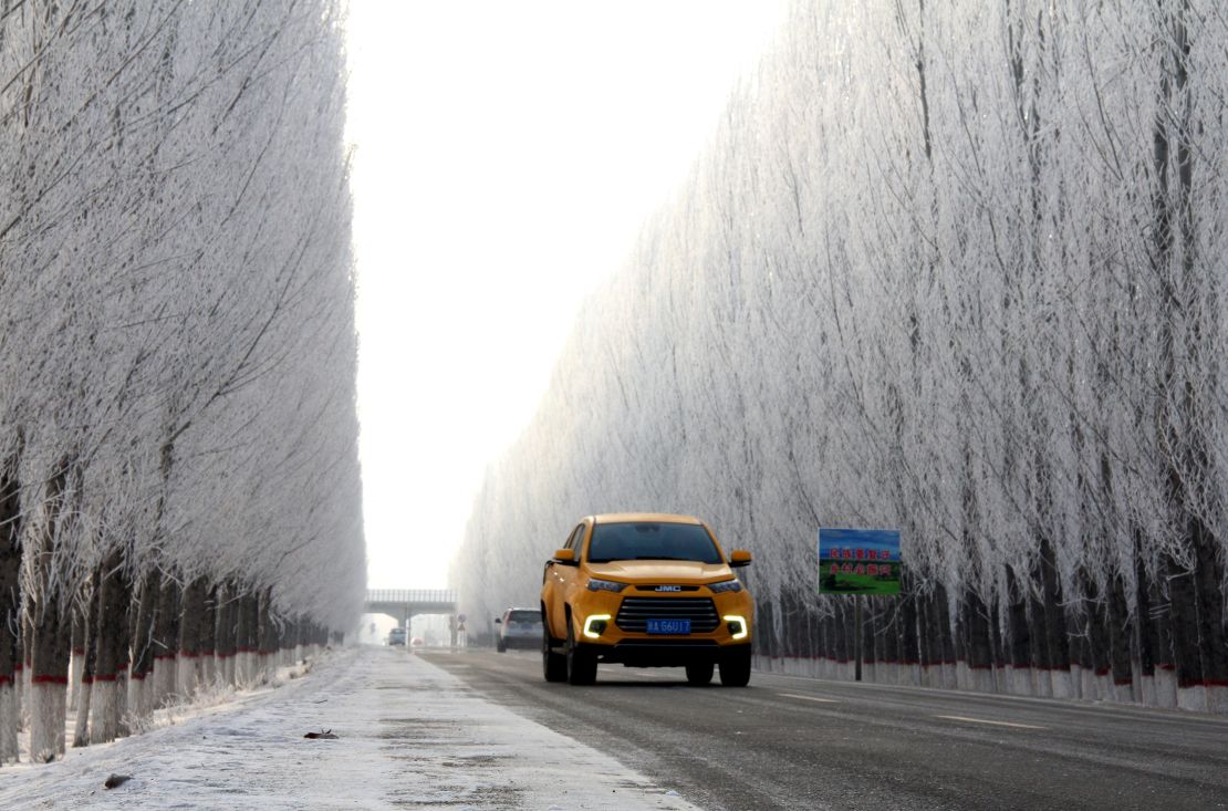 Frost lines the side of a road in China's far western Xinjiang region.