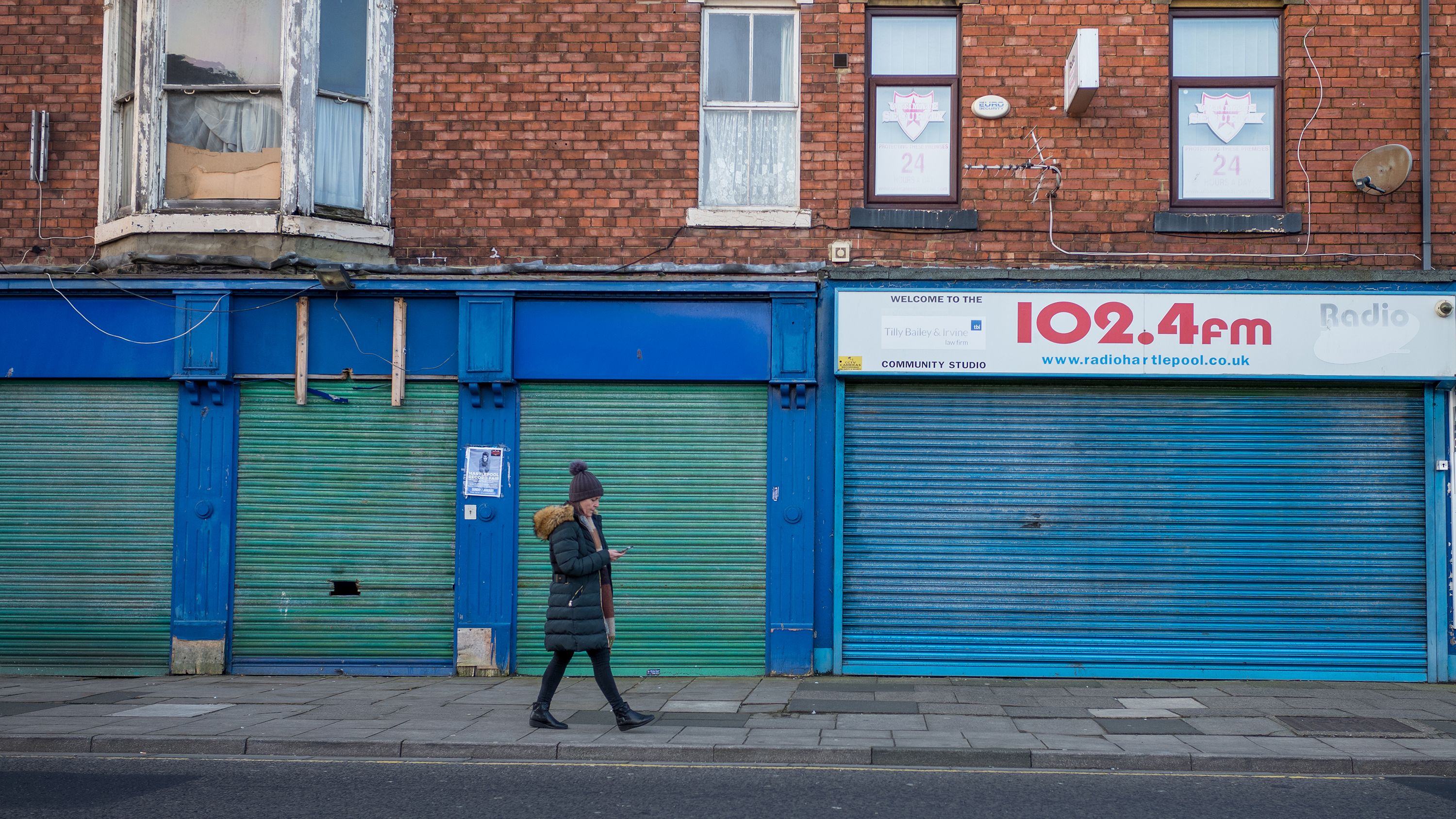 Shuttered shops on the high street in the English town of Hartlepool, pictured on February 1, 2024.