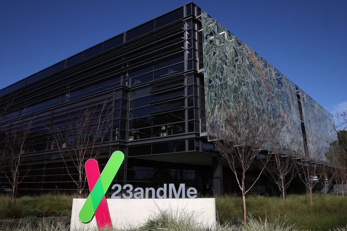 A sign is posted in front of the 23andMe headquarters on February 01, 2024 in Sunnyvale, California. Genetic testing company 23andMe, once valued at $6 billion, is facing the possibility of delisting from NASDAQ.