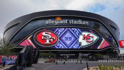LAS VEGAS, NEVADA - FEBRUARY 01: A video board displays logos for Super Bowl LVIII at Allegiant Stadium on February 01, 2024 in Las Vegas, Nevada. The game will be played on February 11, 2024, between the Kansas City Chiefs and the San Francisco 49ers. (Photo by Ethan Miller/Getty Images)