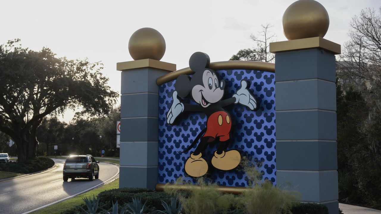 ORLANDO, FLORIDA - FEBRUARY 01: Mickey Mouse welcomes visitors near an entrance to Walt Disney World on February 01, 2024, in Orlando, Florida. A federal judge has dismissed a lawsuit against Florida Gov. Ron DeSantis, which Walt Disney Co. said it will be appealing its loss in a lawsuit. The case revolves around the Governor taking over Disney's special governing district after Disney opposed Florida legislation that critics have dubbed “Don’t Say Gay.” (Photo by Joe Raedle/Getty Images)