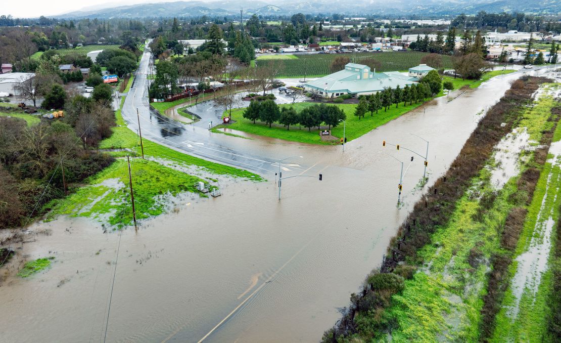 A closed road is seen flooded in Sonoma, California.