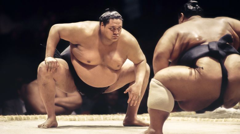 SAN JOSE, CA - JUNE 1993:  Akebono Taro (at left), born in Hawaii as Chad Rowan, competes in the 1993 San Jose Basho sumo wrestling tournament held June 4-5, 1993 at the San Jose Event Center in San Jose, California.  At right is his match opponent Konishiki Yasokichi, born in Hawaii as Saleva'a Fuauli Atisano'e.  (Photo by David Madison/Getty Images)