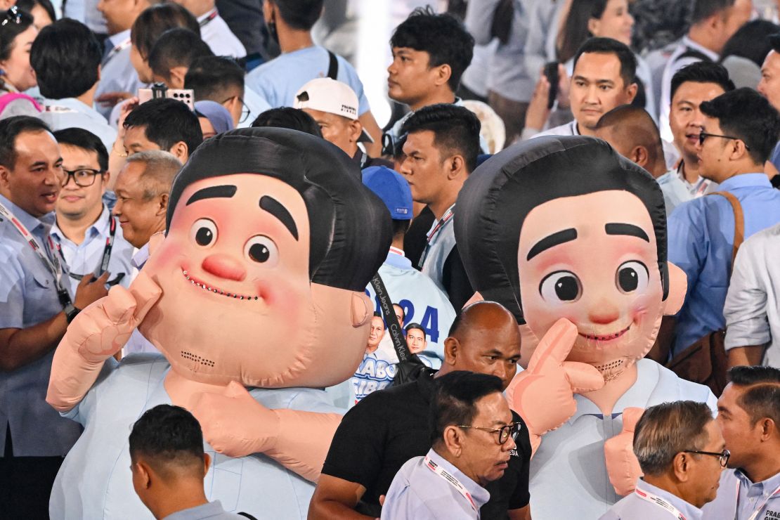 Mascots depicting presidential candidate and Indonesia's Defence Minister Prabowo Subianto (L) and vice presidential candidate Gibran Rakabuming Raka (R) in an election event on February 5, 2024.