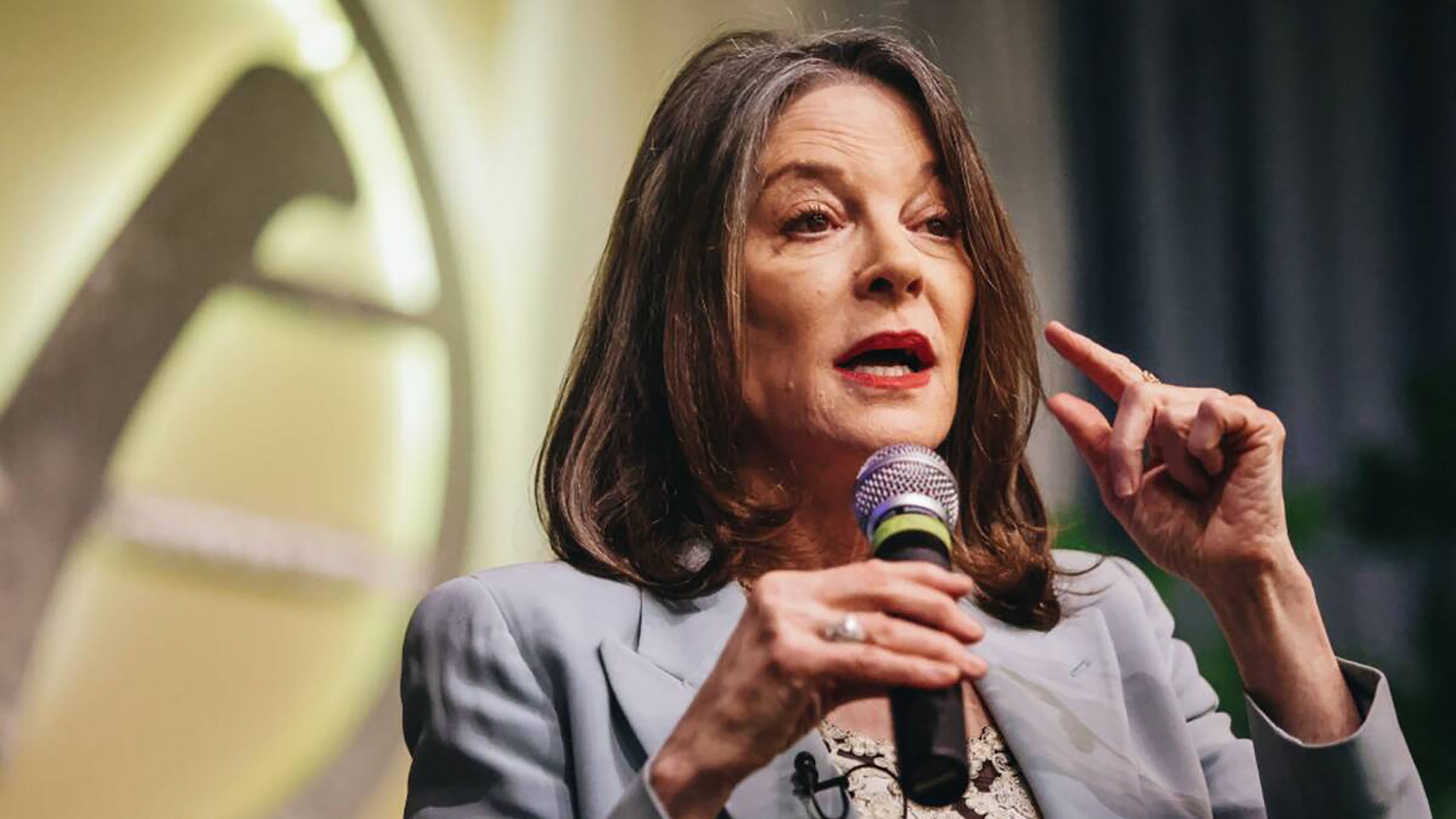Marianne Williamson speaks to supporters during a campaign event at the Center for Spiritual Living & Unity on February 4, 2024, in Las Vegas.