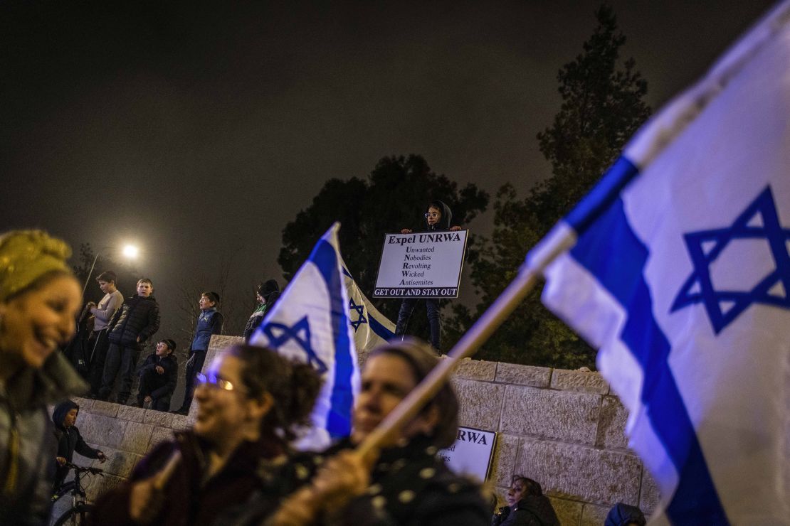 Israeli right-wing activists take part in a protest outside the UNWRA headquarters in Jerusalem, calling to shut down the activity of the organization, following reports that UNWRA workers took part in October 7 Hamas attack.