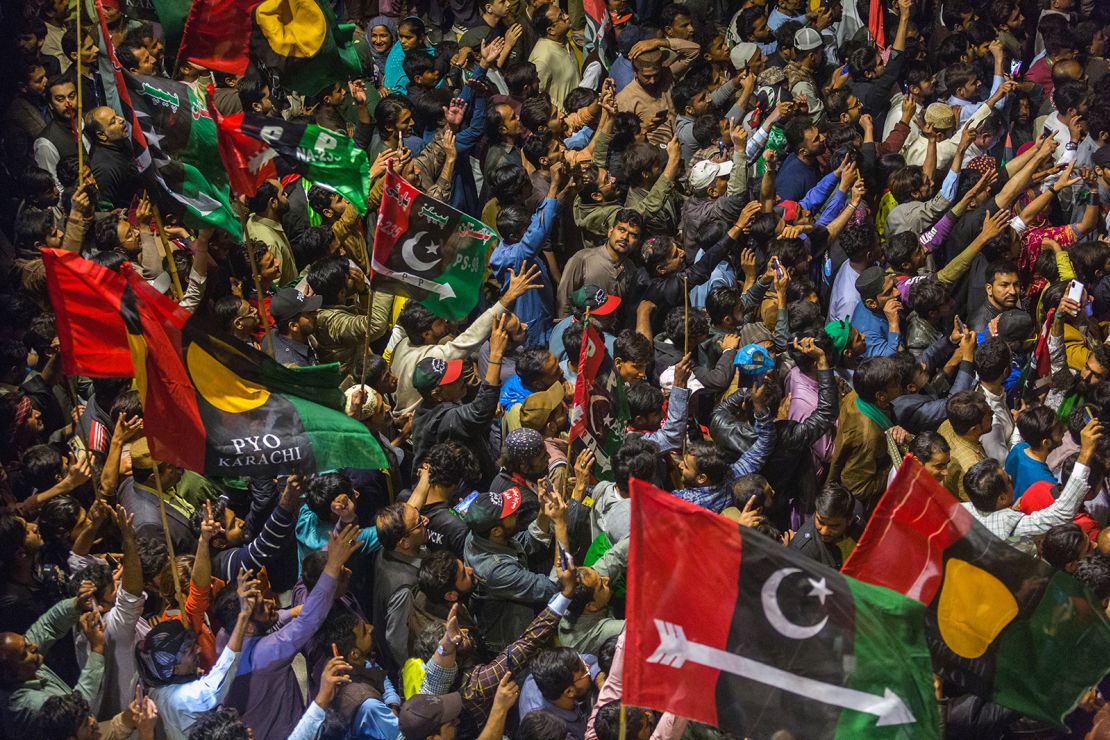Pakistan People's Party supporters gather in Karachi on February 5, 2024.