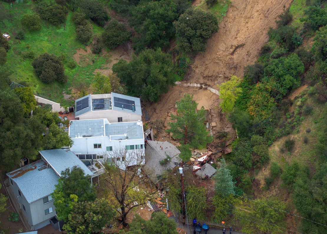 This aerial view shows a home destroyed at the bottom of a landslide in Los Angeles Monday.