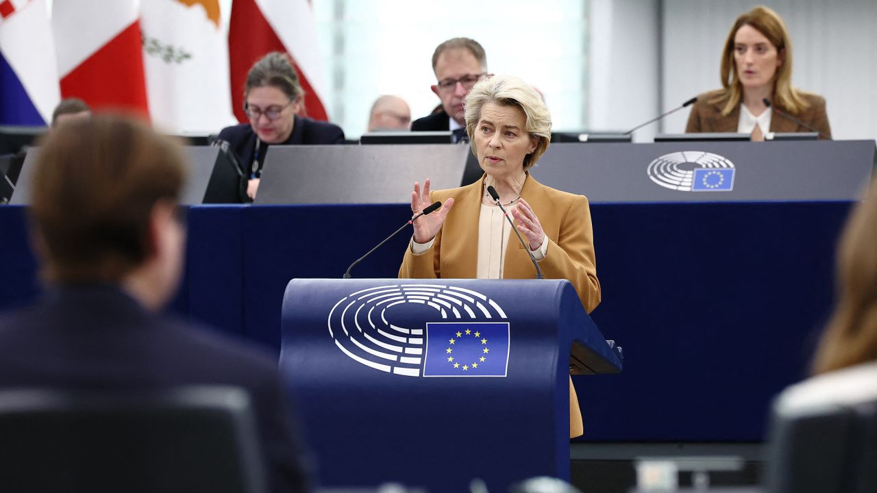 European Commission President Ursula von der Leyen speaks during a debate on the results of the latest EU summits, as part of a plenary session at the European Parliament in Strasbourg, eastern France, on February 6, 2024. EU chief Ursula von der Leyen on February 6, 2024, recommended the bloc bury a plan to cut pesticide use in agriculture as a concession to protesting European farmers. The original proposal, put forward by her European Commission as part of the European Union's green transition, "has become a symbol of polarisation," she told the European Parliament in Strasbourg, France. (Photo by FREDERICK FLORIN / AFP) (Photo by FREDERICK FLORIN/AFP via Getty Images)