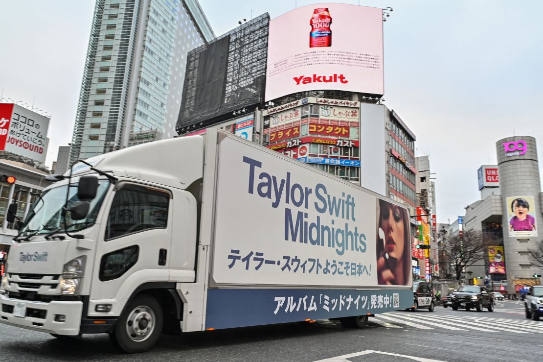 A truck advertising Taylor Swift's Japan tour drives through Shibuya Crossing in Tokyo, Japan, on February 6, 2024.