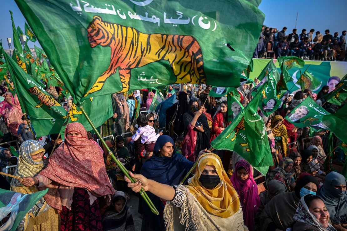 Pakistan Muslim League supporters attend an election campaign rally in Kasur, Punjab, on February 6, 2024.