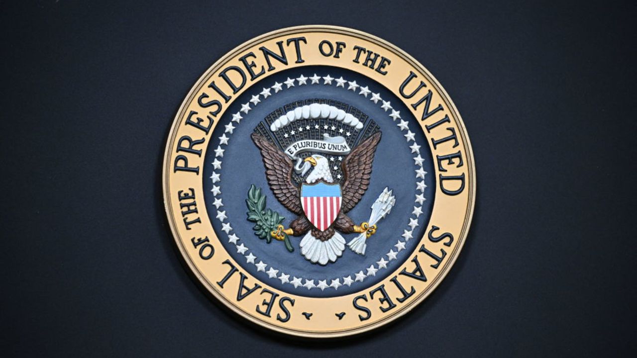 The US Presidential seal is on the podium before US President Joe Biden speaks in the State Dining Room of the White House on February 6, 2024 in Washington, DC. Biden urged Congress to pass the Emergency National Security Supplemental Appropriations Act. (Photo by Mandel NGAN / AFP) (Photo by MANDEL NGAN/AFP via Getty Images)