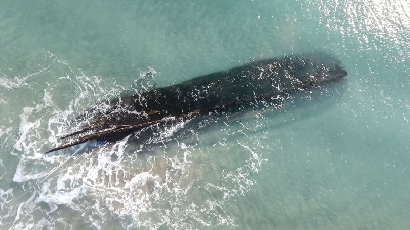 An aerial view of the shipwreck on the shore of Cape Ray, Newfoundland and Labrador, Canada on January 30, 2024.