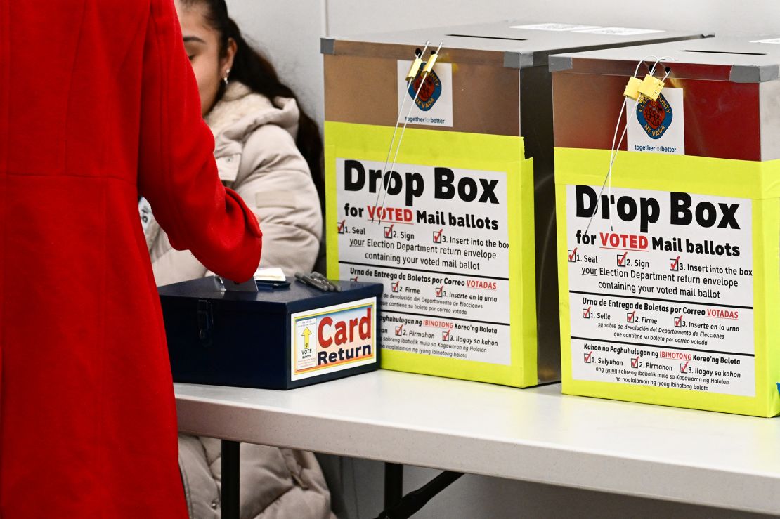 A pair of ballot drop boxes are displayed at a voter center in Las Vegas during the Nevada presidential primary on February 6, 2024.