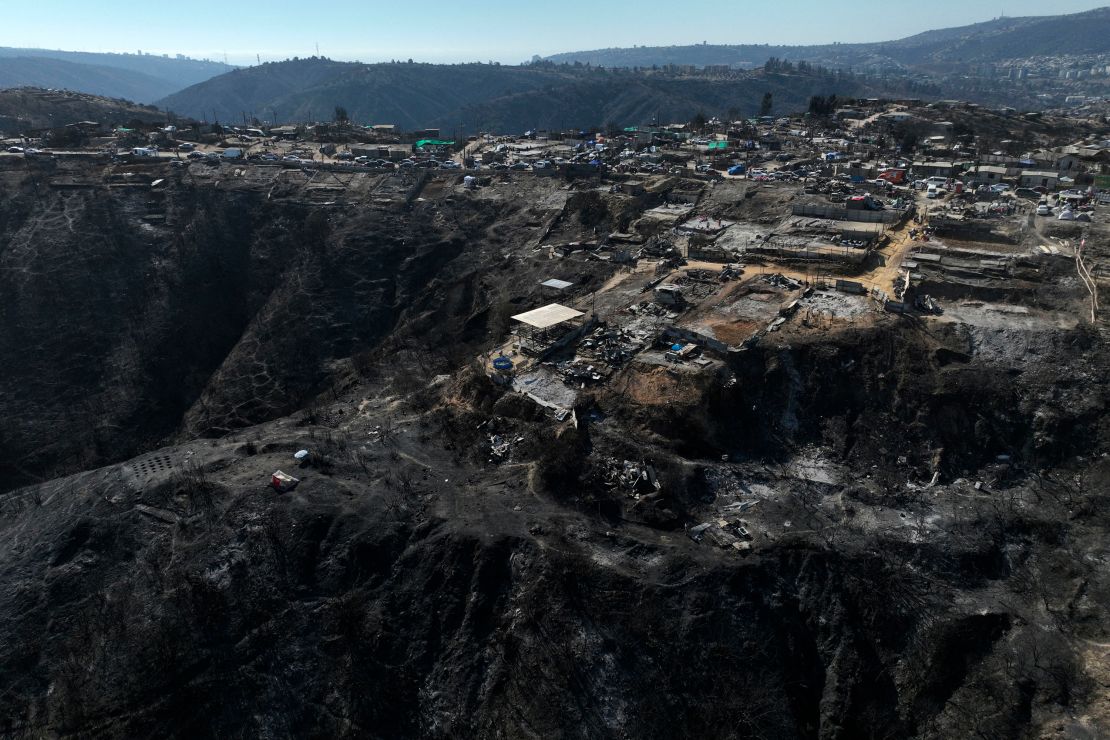 An aerial view of the devastation caused by a forest fire in the Valparaiso region of Chile on February 6, 2024.