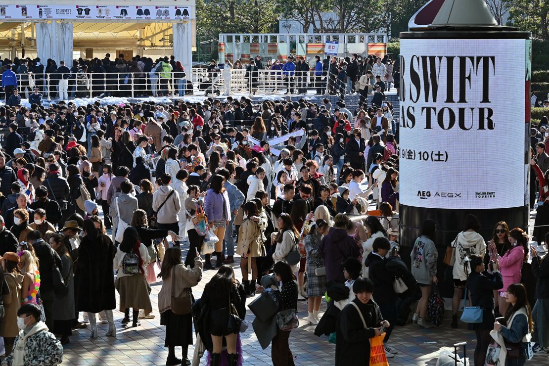 Crowds gather outside the Tokyo Dome ahead of Taylor Swift's concert on February 7, 2024.