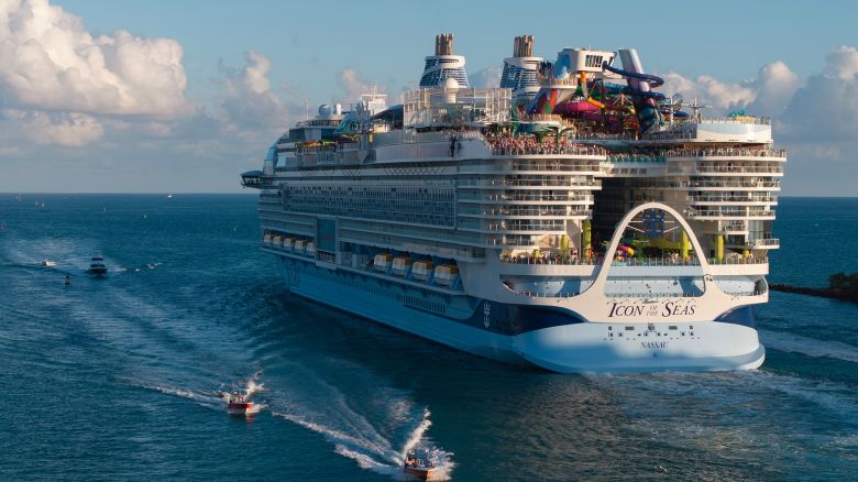 MIAMI, FLORIDA - FEBRUARY 03: In an aerial view, Royal Caribbean's Icon of the Seas, billed as the world's largest cruise ship, heads out to sea for its second voyage from PortMiami on February 03, 2024, in Miami, Florida. The 1,197-foot long ship cost $1.79 billion to build, has 20 decks, and can hold a maximum of 7,600 people. (Photo by Joe Raedle/Getty Images)