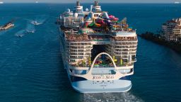 MIAMI, FLORIDA - FEBRUARY 03: In an aerial view, Royal Caribbean's Icon of the Seas, billed as the world's largest cruise ship, heads out to sea for its second voyage from PortMiami on February 03, 2024, in Miami, Florida. The 1,197-foot long ship cost $1.79 billion to build, has 20 decks, and can hold a maximum of 7,600 people. (Photo by Joe Raedle/Getty Images)