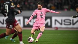 Inter Miami's Argentine forward Lionel Messi plays during the second half of the friendly football match between Inter Miami and Vissel Kobe at the National Stadium in Tokyo on February 7.
