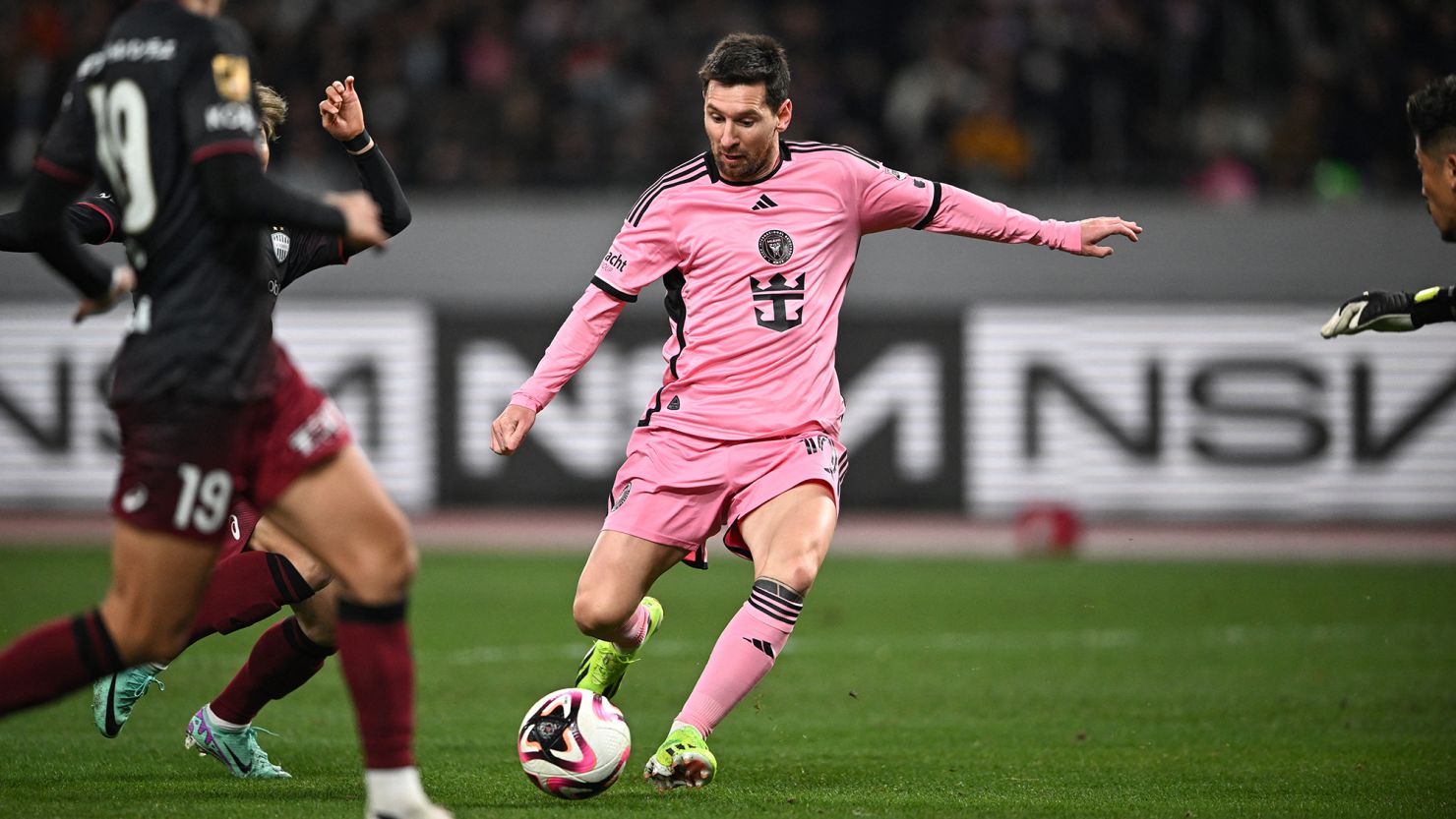 Lionel Messi plays during a friendly match between Inter Miami and Vissel Kobe in Tokyo on February 7, 2024.