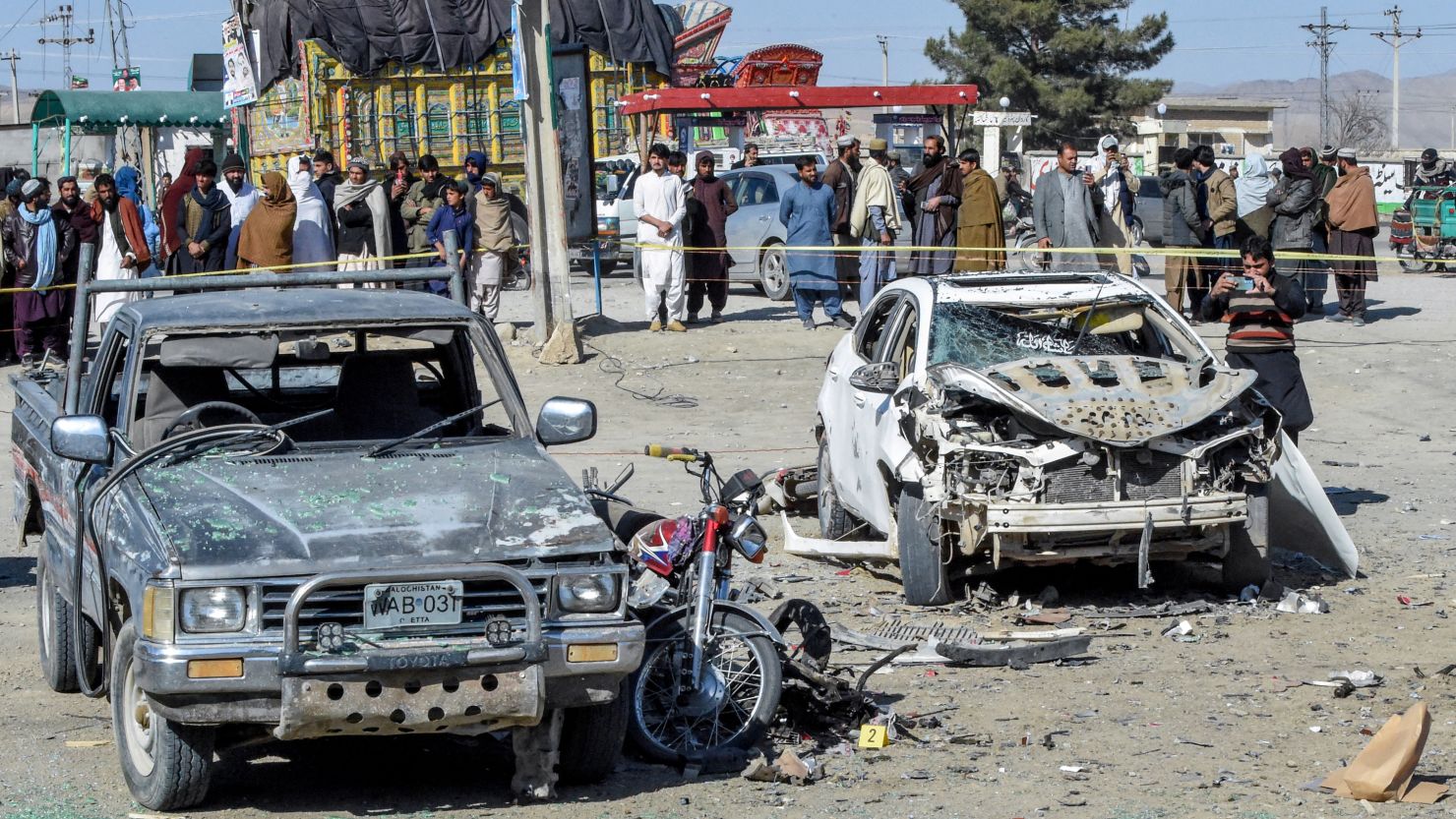The site of a bomb blast outside the office of an independent candidate in Pishin district, around 50 kilometres (30 miles) from Quetta on February 7, 2024, the eve of Pakistan's national elections.