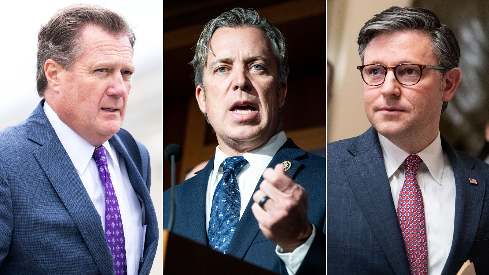 From left to right, Republican Reps. Mike Turner of Ohio and Andy Ogles of Tennessee and House Speaker Mike Johnson, also a Republican. Ogles wrote Johnson a letter calling for an investigation into comments Turner made Wednesday.