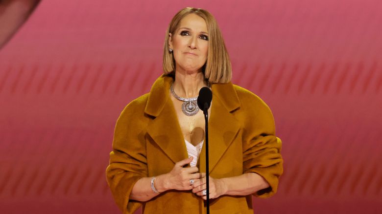 Celine Dion speaks onstage during Grammy Awards in February.