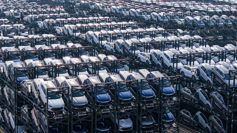 BYD electric cars waiting to be loaded onto a ship.
