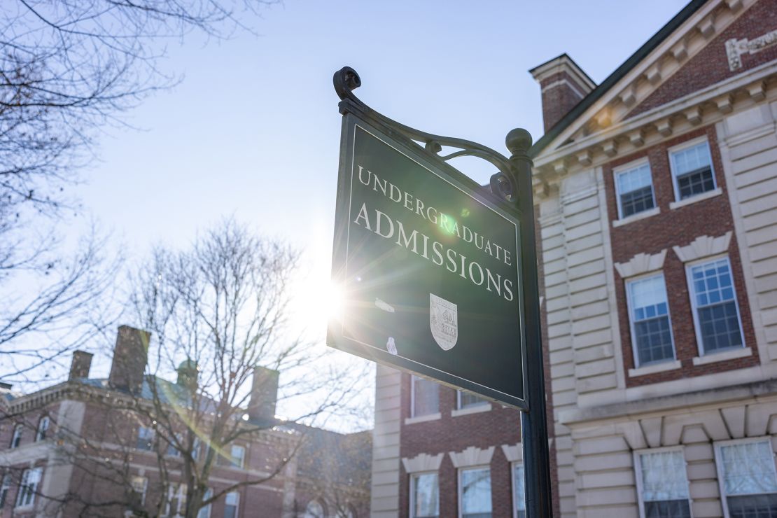 Signage outside of the Admissions Office at Dartmouth College on February 8, 2024 in Hanover, New Hampshire. Dartmouth College has announced it will once again require applicants to submit standardized test scores, beginning with the next application cycle, for the class of 2029.