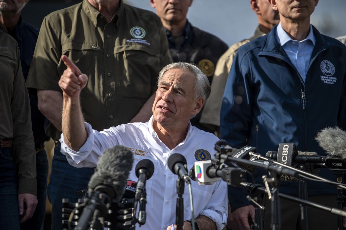 Gov. Greg Abbott is seen at a news conference at Shelby Park along the Rio Grande River in Eagle Pass, Texas, on February 8, 2024.