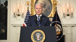 US President Joe Biden speaks about the Special Counsel report in the Diplomatic Reception Room of the White House in Washington, DC, on February 8, 2024 in a surprise last-minute addition to his schedule for the day.