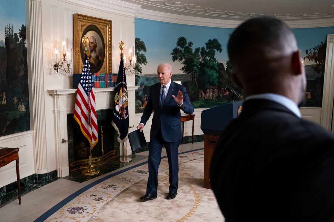 President Joe Biden departs after delivering remarks about Hur's report in the White House on February 8, 2024.
