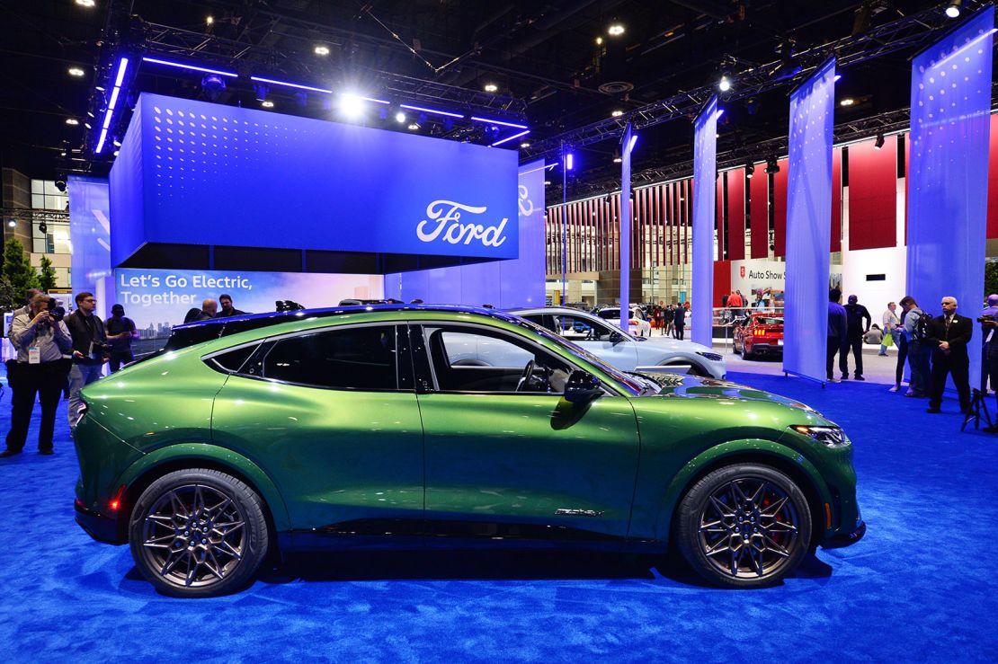 Ford shows off the new model 2024 Ford Mustang Mach-E GT during the Chicago Auto Show at McCormick Place convention center in Chicago, Illinois on February 8, 2024.
