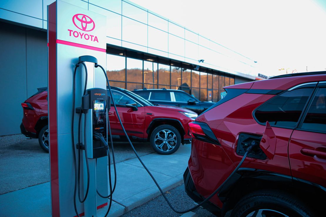 An electric charging station outside the Lia Toyota Store of Rockland in Blauvelt, New York.