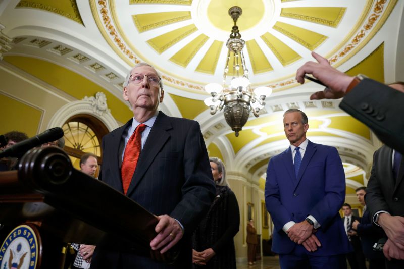 WASHINGTON, DC - FEBRUARY 06: U.S. Senate Minority Leader Mitch McConnell (R-KY) speaks at a news conference after a weekly policy luncheon with Senate Republicans at the U.S. Capitol Building on February 06, 2024 in Washington, DC. During the news conference Republican senators spoke of how they believe the bipartisan Senate immigration bill does not have a chance of passage in the House of Representatives.  (Photo by Anna Moneymaker/Getty Images)
