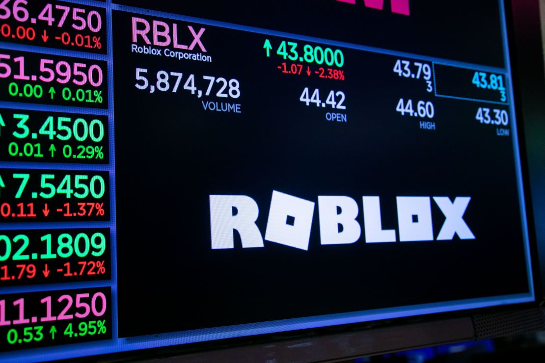 A monitor displays Roblox Corp. signage on the floor of the New York Stock Exchange (NYSE) in New York, US, on Friday, Feb. 9, 2024.
