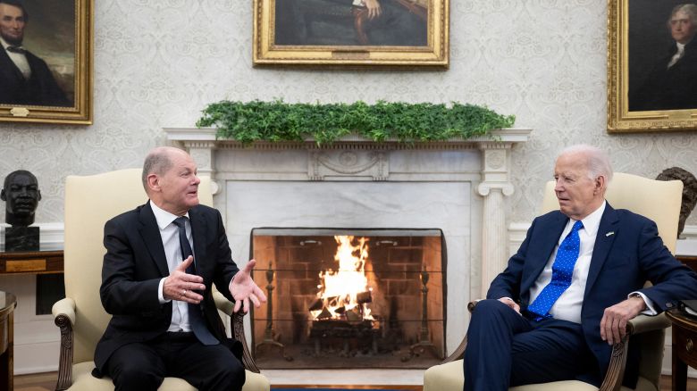 US President Joe Biden meets with German Chancellor Olaf Scholz in the Oval Office of the White House in Washington, DC, February 9, 2024.