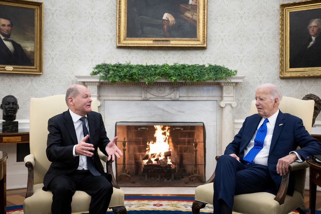 US President Joe Biden meets with German Chancellor Olaf Scholz in the Oval Office of the White House in Washington, DC, February 9, 2024.