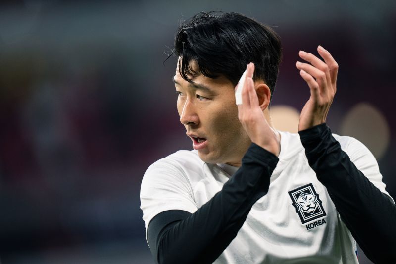 DOHA, QATAR - FEBRUARY 06: Son Heung-min #7 of South Korea clap hands for the supporters during the AFC Asian Cup semi final match between Jordan and South Korea at Ahmad Bin Ali Stadium on February 06, 2024 in Doha, Qatar. (Photo by Clicks Images/Getty Images)