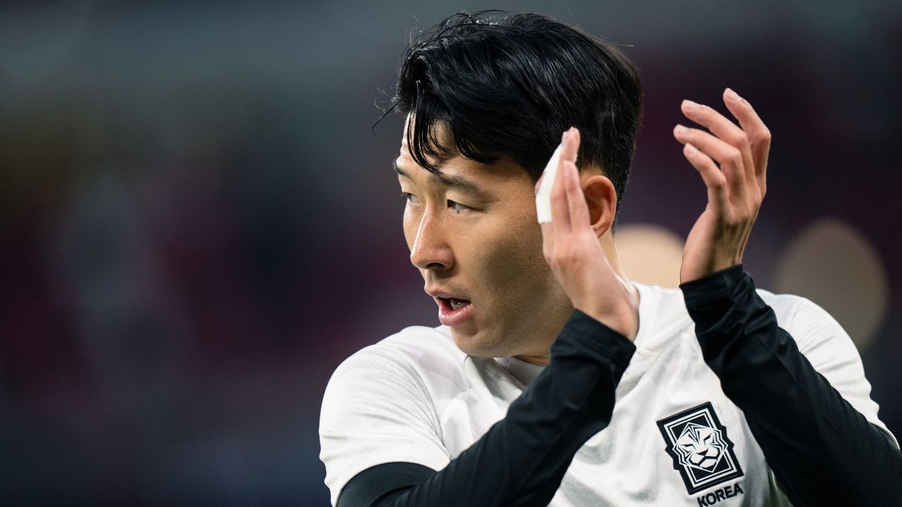 DOHA, QATAR - FEBRUARY 06: Son Heung-min #7 of South Korea clap hands for the supporters during the AFC Asian Cup semi final match between Jordan and South Korea at Ahmad Bin Ali Stadium on February 06, 2024 in Doha, Qatar. (Photo by Clicks Images/Getty Images)