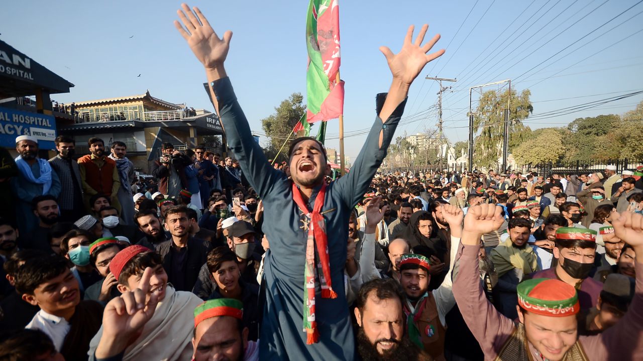 Supporters of the convicted former Pakistani Prime Minister Imran Khan's PTI party in Peshawar on February 10.