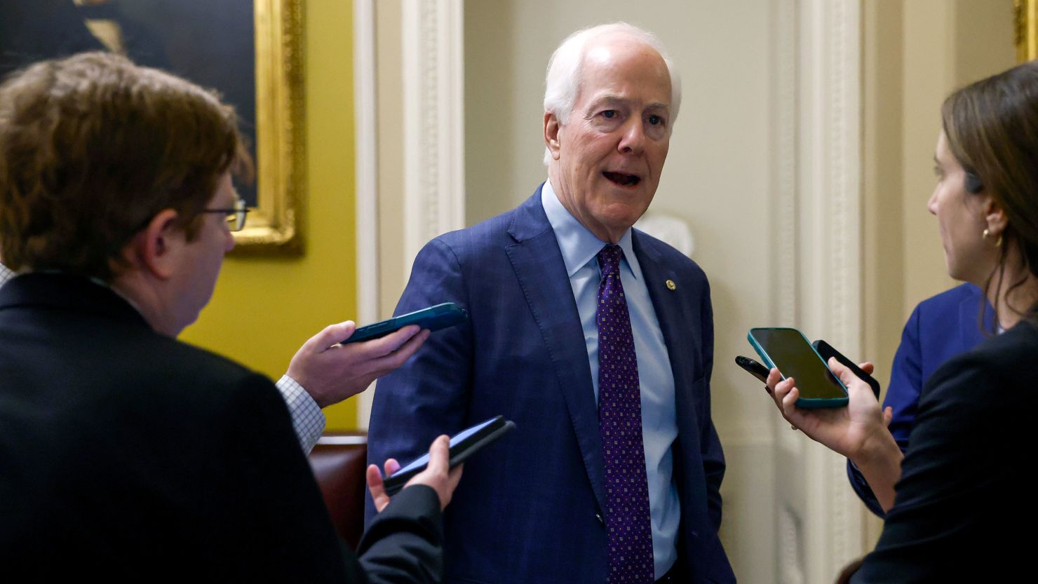 Sen. John Cornyn, a Texas Republican, arrives to a luncheon with Senate Republicans at the US Capitol on February 7, 2024 in Washington, DC.