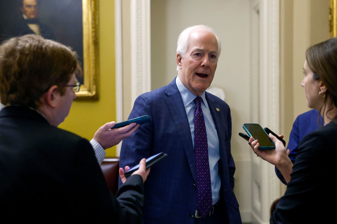 Sen. John Cornyn arrives to a luncheon with Senate Republicans at the U.S. Capitol on February 07, 2024 in Washington, DC.