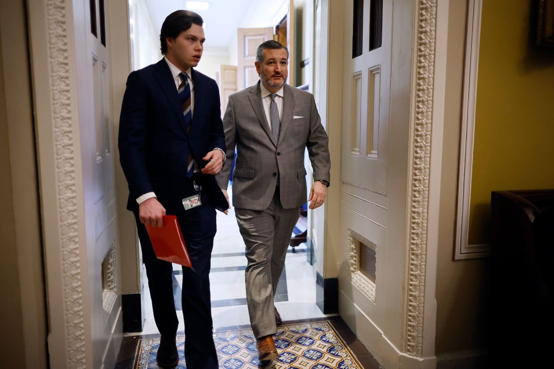 Sen. Ted Cruz, a Republican from Texas, leaves a Republican Senate conference meeting at the US Capitol ahead of votes on February 7, 2024 in Washington, DC.